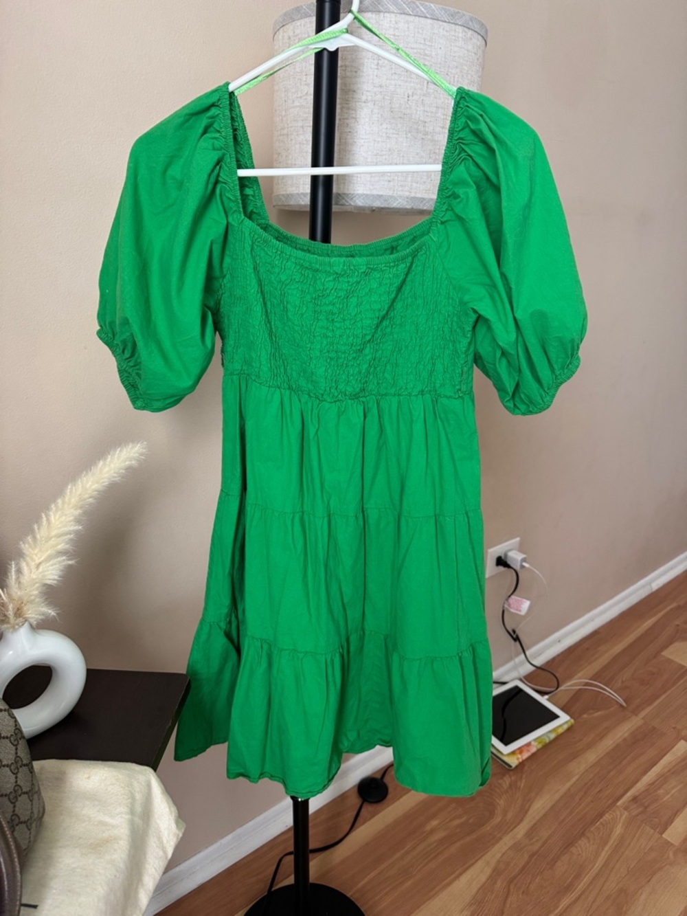 Green Puff Sleeve Smocked Tiered Mini Dress